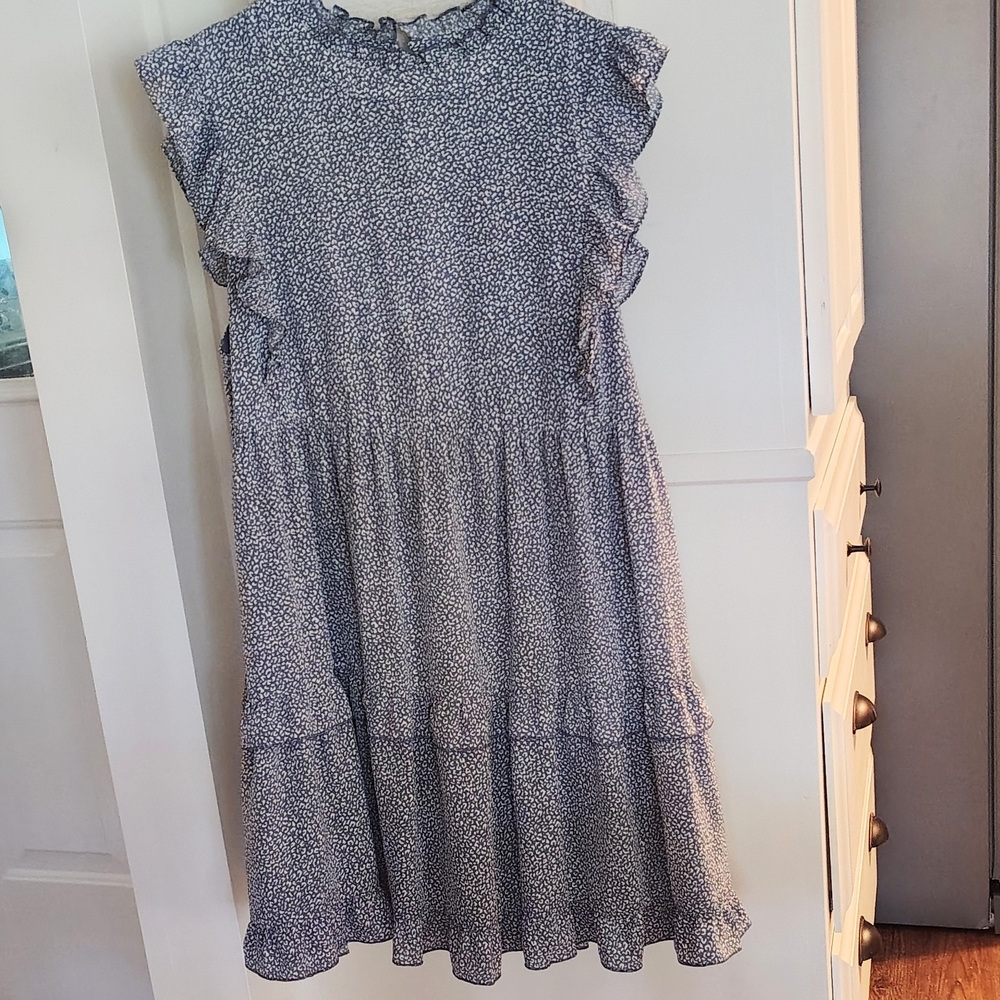 JODIFL Dusty Blue Women's Dress with Ruffle Sleeves and Ruffle Bottom